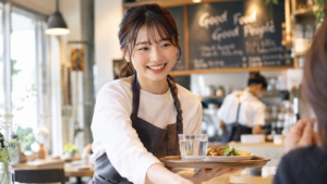 カフェで笑顔で接客するスタッフ