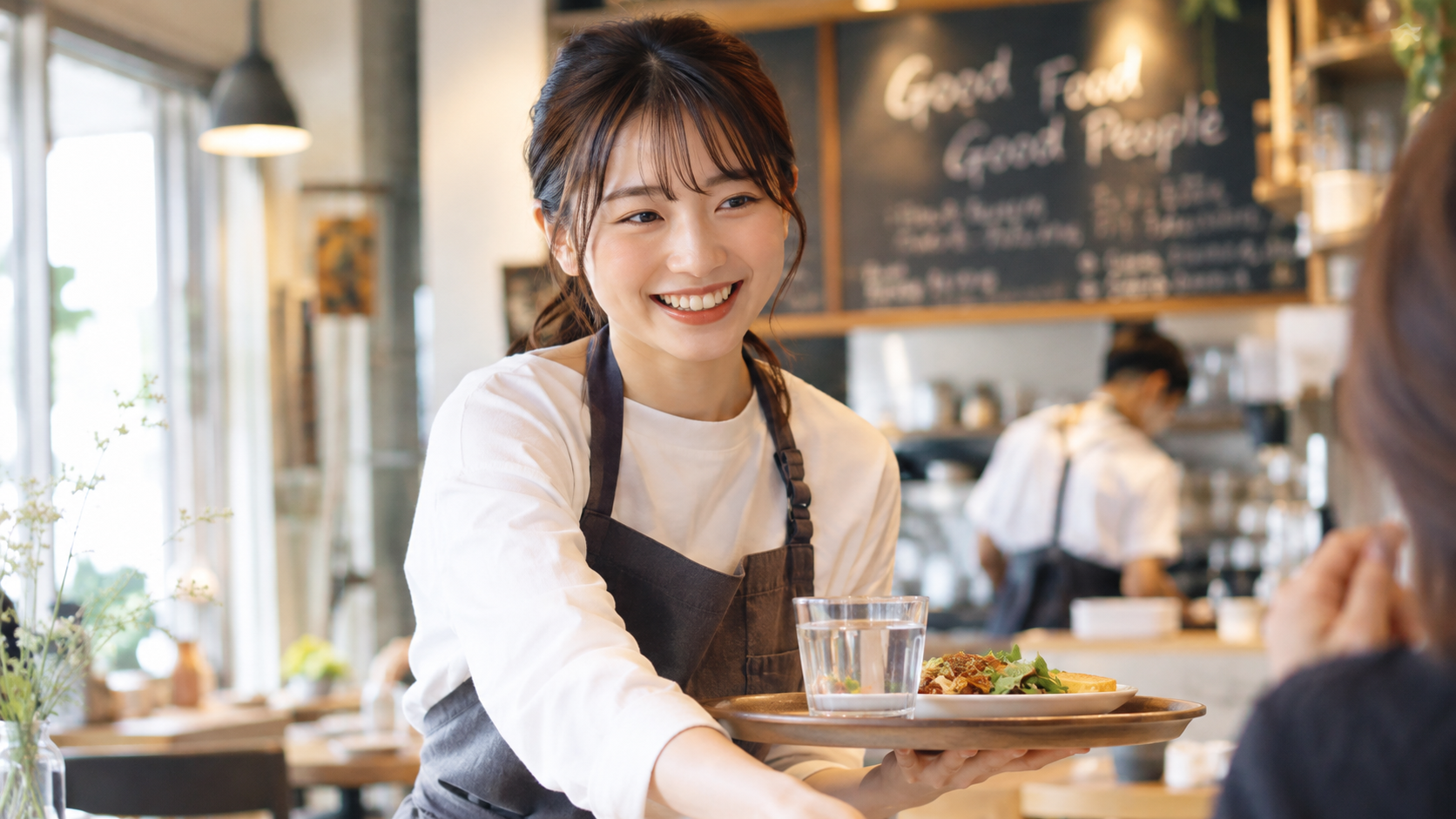 カフェで笑顔で接客するスタッフ
