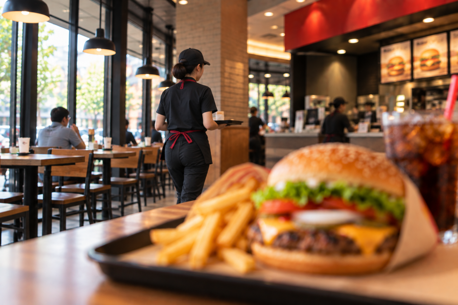 バーガーキング店内で、木のトレーに置かれたワッパーとフライドポテト、黒キャップの女性スタッフが給仕する様子