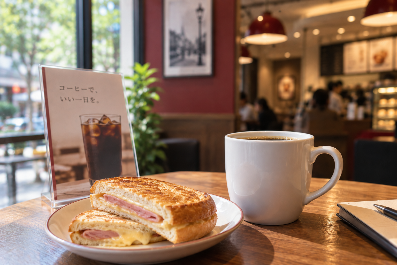 カフェ・ベローチェの店内で、木のテーブルに置かれたホットコーヒーとホットサンド。「コーヒーで、いい一日を。」のPOPが添えられている