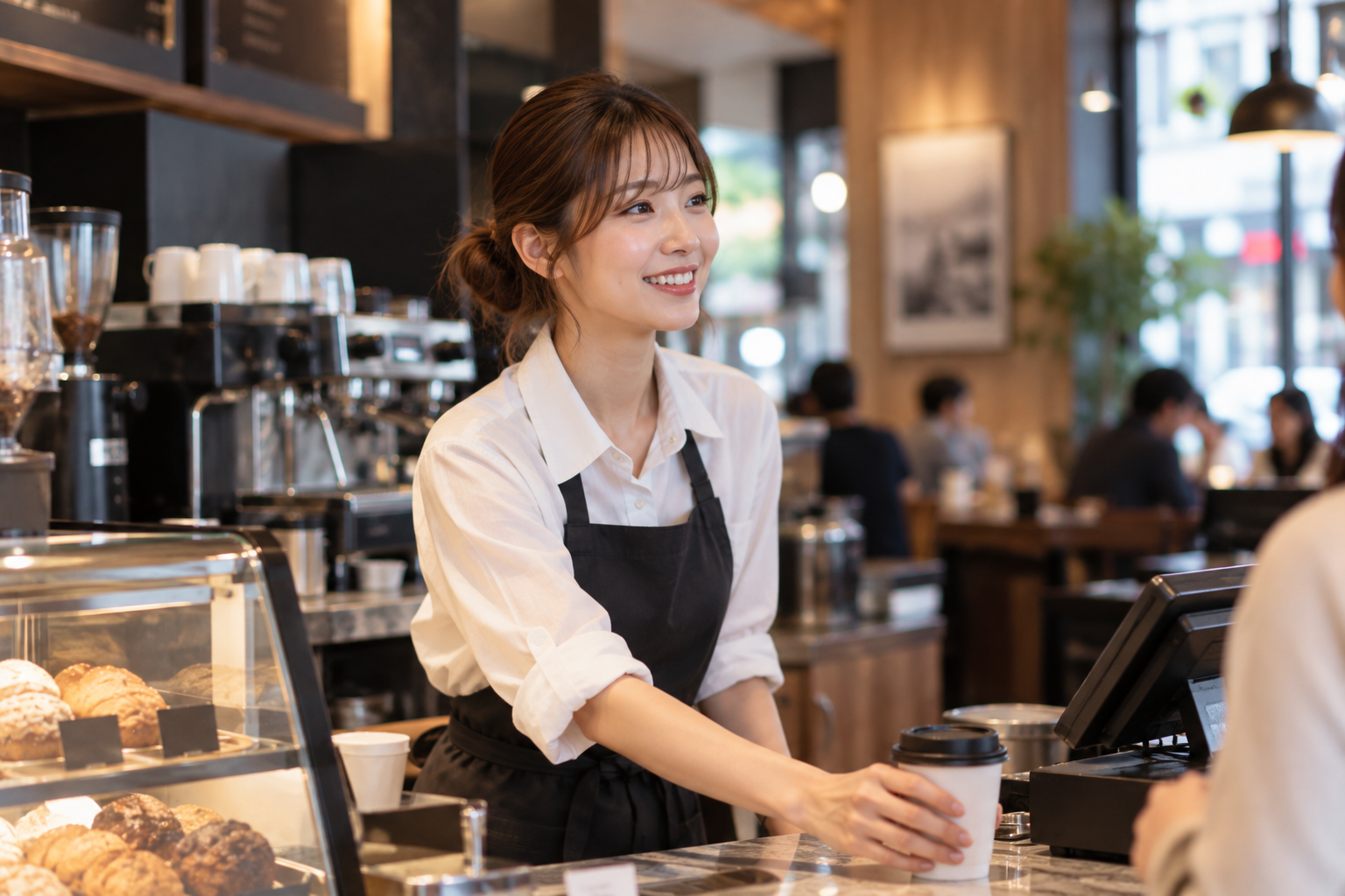エクセルシオールらしい落ち着いたカフェカウンターで、笑顔でコーヒーを提供する女性スタッフ