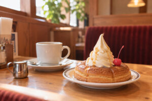 山小屋風の木の内装のコメダ珈琲店で、テーブルに置かれたシロノワールとコーヒー、シルバーのミルクピッチャー