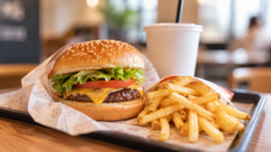 ハンバーガー、ポテト、ドリンクが乗ったトレー