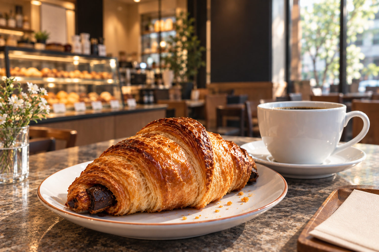 サンマルクカフェの店内で、木のカウンターに置かれたチョコクロワッサンとブラックコーヒー