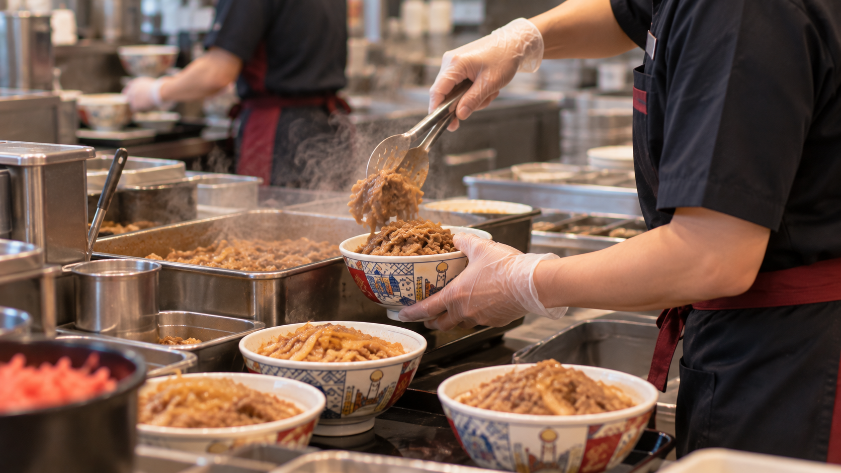すき家の厨房で牛丼を盛り付ける手袋着用のキッチンスタッフ