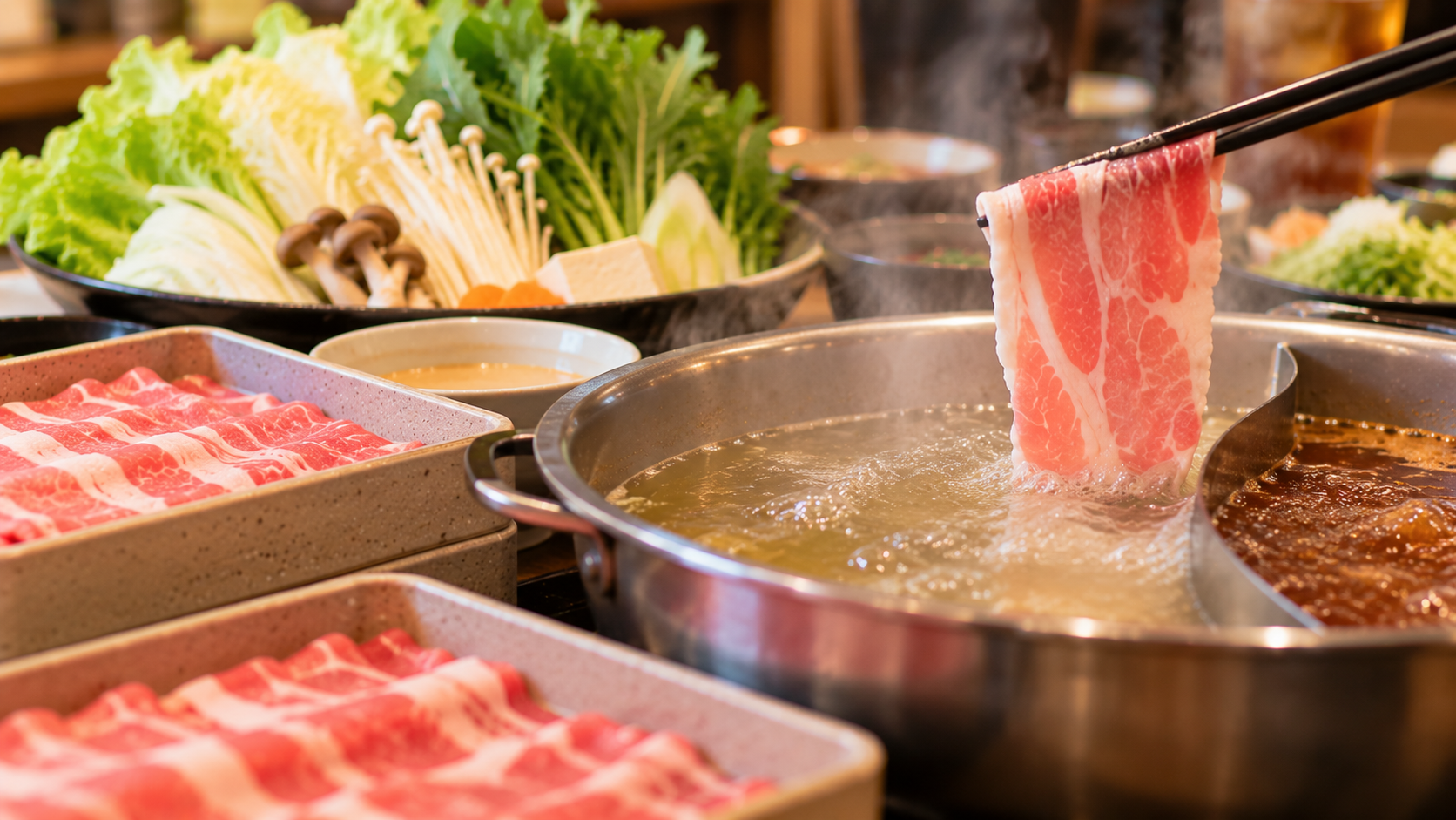 しゃぶ葉のしゃぶしゃぶ鍋に肉を入れる様子と野菜盛り合わせ