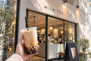 「MILK TEA」の看板を掲げるティーストア店頭で、黒タピオカ入りのミルクティーをカップで手に持つシーン