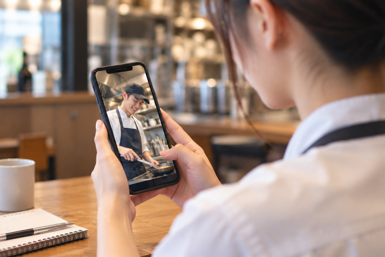 カフェのカウンターでスマートフォンを持ち、飲食店バイトのショート動画を視聴する女性の手元。動画には黒キャップと黒エプロン姿のキッチンスタッフが映る