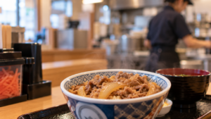 吉野家のカウンターに湯気の立つ牛丼と味噌汁が置かれ、奥でスタッフが調理する店内の様子